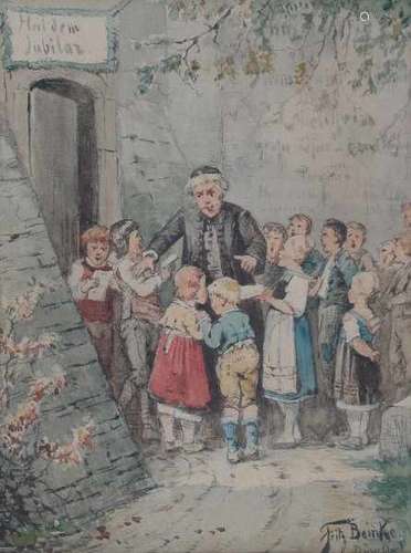 Fritz Beinke (1842-1907)Singing children outside a church. Signed and with annotation 'Düsseldorf'