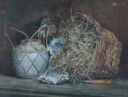 Gerard Willem Pieter van Dokkum (1870-1931)Still life with ginger jar, lantern and wicker basket.