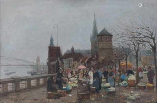 German Grobe (1857-1938)View of the Rhine in Düsseldorf. Signed lower left.panel 38,5 x 58,5