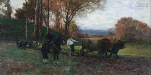 Aurelio Tiratelli (1842-1900)Ploughing farmers in the Roman campagna. Signed A. Tiratelli Roma lower