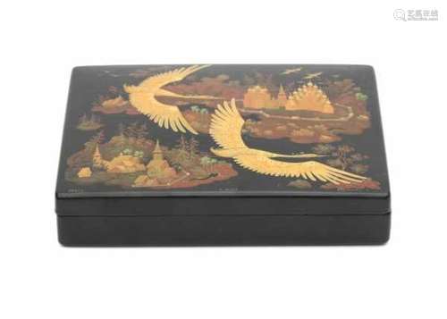 A Russian lacquer box, decorated with swans flying above a fairytale landscape . Palekh, signed S.