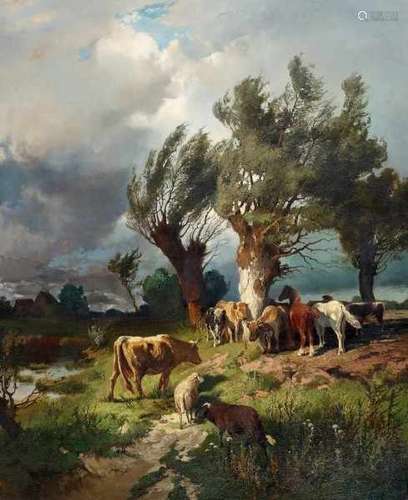 Hermann Baisch (1846-1894)Cows and horses sheltering from the storm. Initials H. B. lower left.