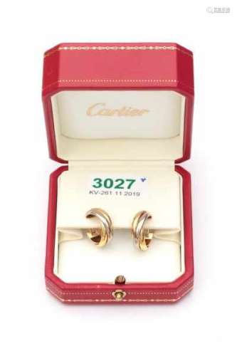 A pair of tri colour gold earrings of Cartier, serie Trinity, 1997. With certificate and both boxes.