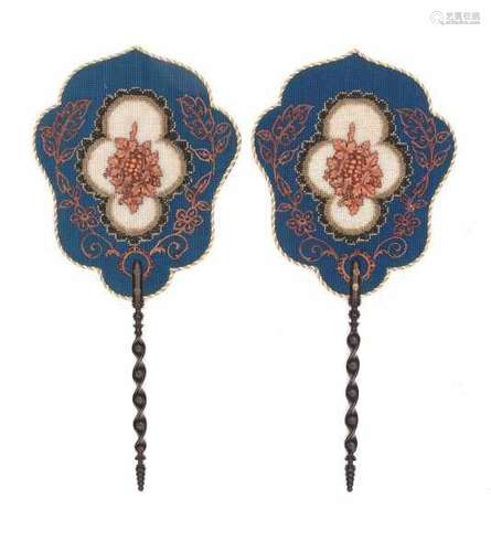 A pair of French handheld fire screens, with spiral carved handles. The screen with glass beads