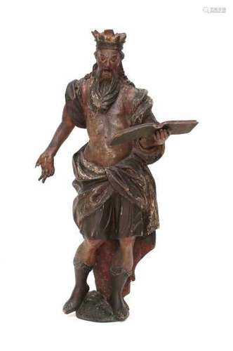 A wooden sculpture of King Solomon. Remnants of polychromy. Spain, late 17th/ early 18th century.