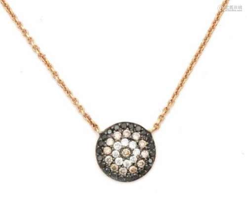 A rose gold necklace with round diamond set pendant. Pendant set with black, brown and white