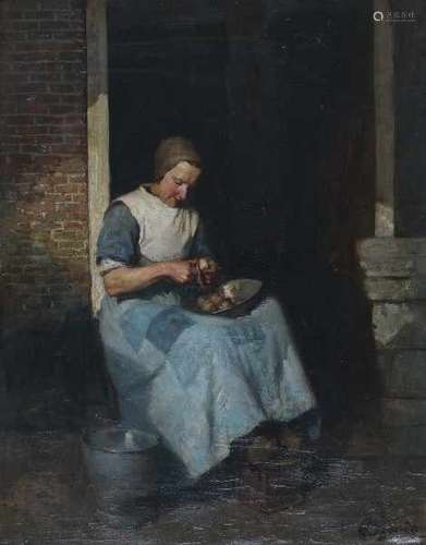 Jacobus Frederik Sterre de Jong (1866-1920) Peeling potatoes. Signed lower right.canvas 40 x 31 cm.-