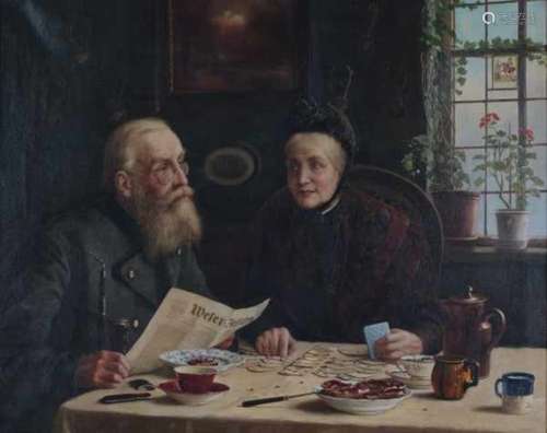 Carl Johann Spielter (1851-1922)Elderly couple reading a newspaper and playing cards at a table.