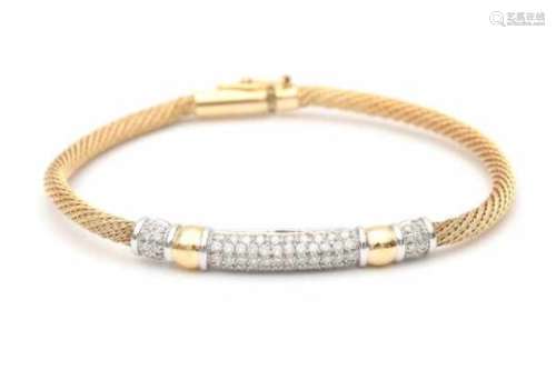 A yellow and white gold braided bracelet, its center is set with pavé cut diamonds, total ca. 0.51