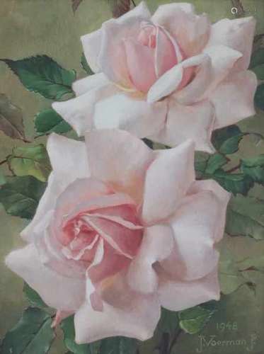 Jan Voerman Jr. (1890-1976)Two pink roses. Signed and dated 1948 lower right.Marouflé 20 x 15 cm.- -