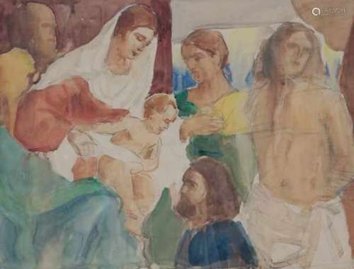 Attributed to Han van Meegeren (1889-1947)Mary with Christ. Signed lower right.Mixed media 46,5 x 61