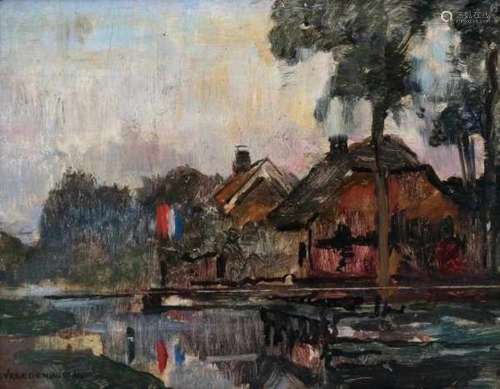 Cornelis Vreedenburgh (1880-1949)A farm with the Dutch flag, near a river. Signed lower left.panel