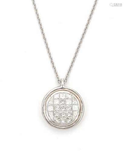 A white gold necklace with round pendant, set with mainly square brilliant cut diamonds, total ca.