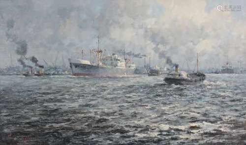 Marinus de Jongere (1912-1977)Steamer in the harbour of Rotterdam. Signed lower left.canvas 58 x