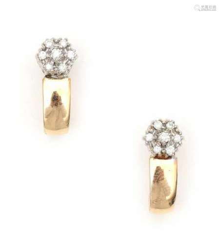 A pair of yellow and white gold earrings. Set with a cluster of brilliant cut diamonds, total ca.