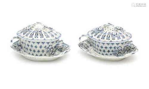 Two first period Worcester blue and white softpaste chestnut baskets with cover and stand, decorated