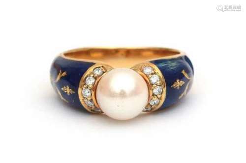 An 18 carat yellow gold ring, Victor Mayer for Fabergé, edition 123/300. Set with blue and white