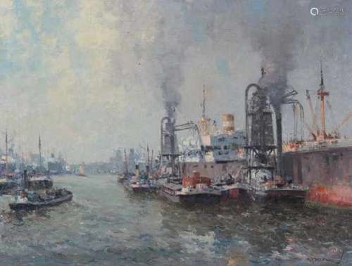 Gerard Delfgaauw (1882-1947)Activity in the harbour. Signed lower right.canvas 59 x 78,5 cm.- - -