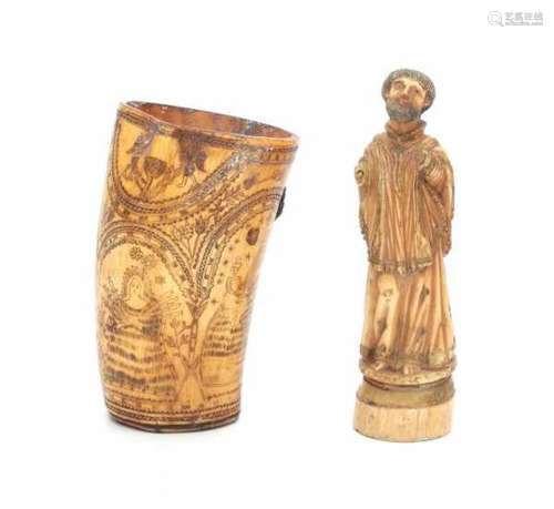 A South European ivory sculpture, saint and beaker with engraved decoration of Mary. 18/19th