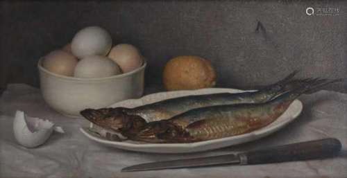 Karel van Veen (1898-1988)Still life with fish, eggs and lemon. Signed upper right.panel 20 x 39