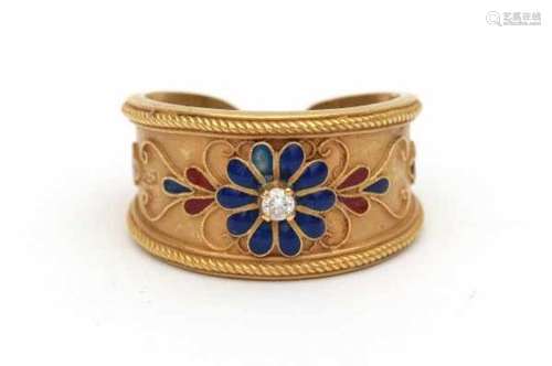 A yellow gold ring with cantille work, Italian. Set with red and blue enamel and a brilliant cut