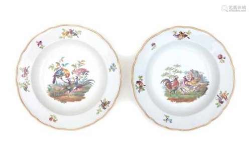 Two German porcelain plates, one decorated with poultry, the other with exotic birds. Marked with