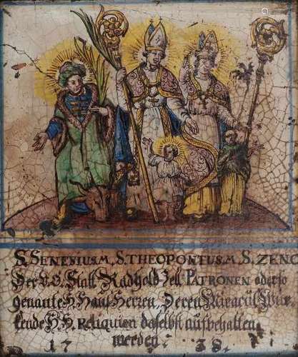 A German polychrome religous tile, showing st. Senesius, st. Theopontus en st Zeno. Dated 1738. In