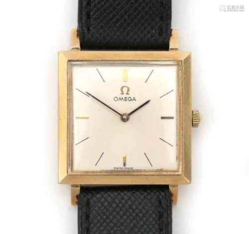 A 18 carat yellow gold square wrist watch from the 1960's - 1970's. Manual winding hour. Omega,