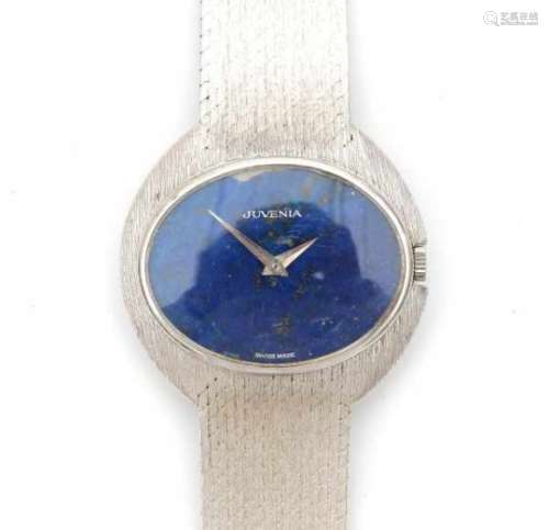 An 18 carat white gold lady's wrist watch with oval lapis lazuli dial. Hour with manual winding.