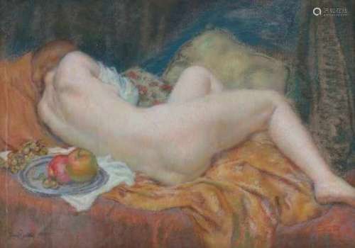 Karel Spillar (1871-1939)Reclining nude with a plate of fruit. Signed lower left.Pastel drawing 68 x