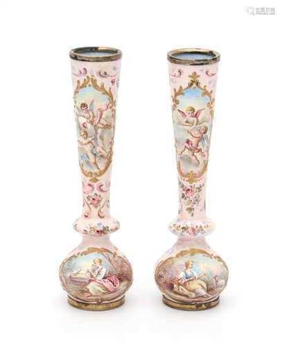 A pair of enamelled miniature vases, decorated with romantic scenes in cartouches on a soft pink