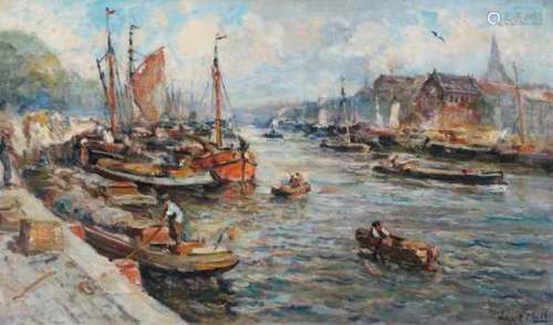 Evert Moll (1878-1955)Activity in the Leuvehaven of Rotterdam. Signed lower right.canvas 58 x 99