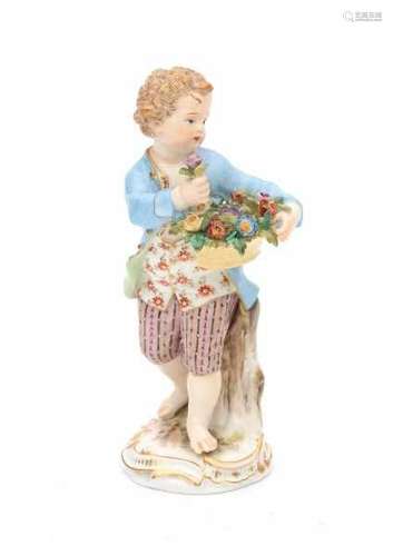 A porcelain figurine, a young man with a flower basket. Marked with crossed swords, Meissen, circa