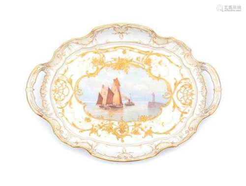 A porcelain serving tray, decorated with fishing boats leaving the harbour and highlighted with gold