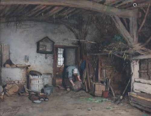 Johannes Weiland (1856-1909)Farmers wife cleaning the shed. Signed lower left.Gouache 41 x 53 cm.- -