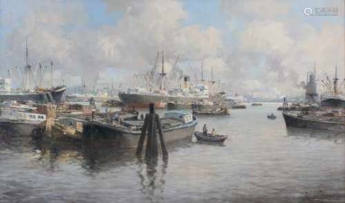 Marinus de Jongere (1912-1977)Activity in the harbour. Signed lower right.canvas 59 x 99 cm.- - -