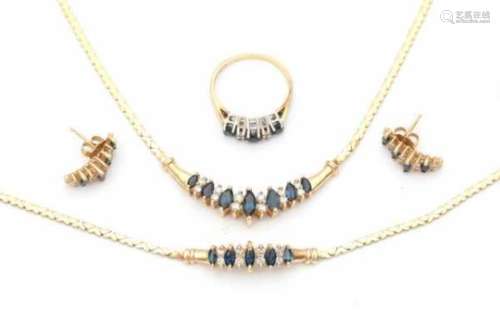 A 14 carat yellow gold suite, comprising a necklace, bracelet, ring and earrings. Set with