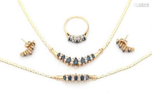 A 14 carat yellow gold suite, comprising a necklace, bracelet, ring and earrings. Set with