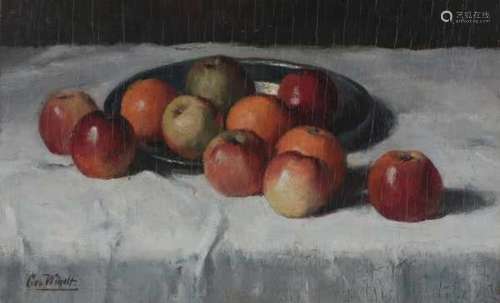 Chris van der Windt (1877-1952)Still life with apples and oranges. Signed lower left.panel 26 x 43