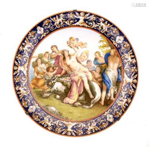 A Maiolica charger, decorated with 'the rape of Europe'. Marquis Ginori, 20th century.Diameter 49