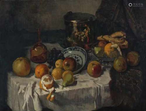 Henri van Os-Delhez (1880-1976)Still life with fruit and blue and white bowl. Signed lower middle.