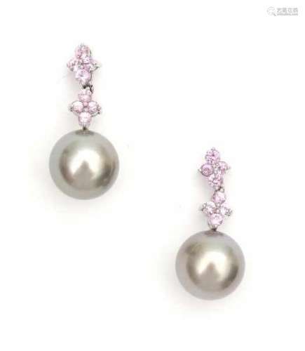A pair of white gold earrings. Set with pink, brilliant cut sapphires and grey cultured Tahiti