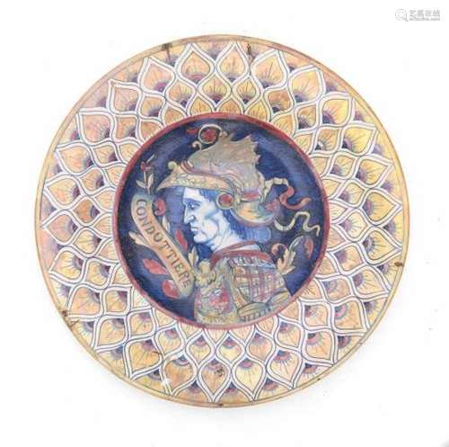 A maiolica charger 'Condottiere', decorated with the portrait of a military commander. 19th