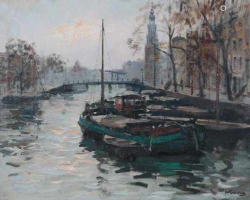 Jan Korthals (1916-1973)A canal in Amsterdam with the Montelbaanstoren. Signed lower right.canvas 79