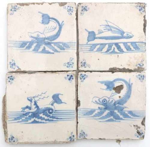 Four Delft blue and white tiles, all decorated with sea creatures. 18th century.12,5 x 12,5