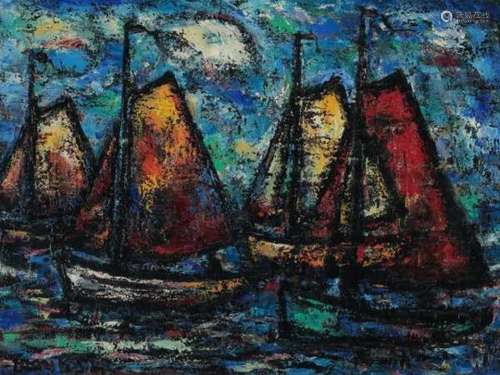 Toon Koster (1913-1989)Sailing boats. Signed lower left.canvas 59 x 79 cm.- - -29.00 % buyer's