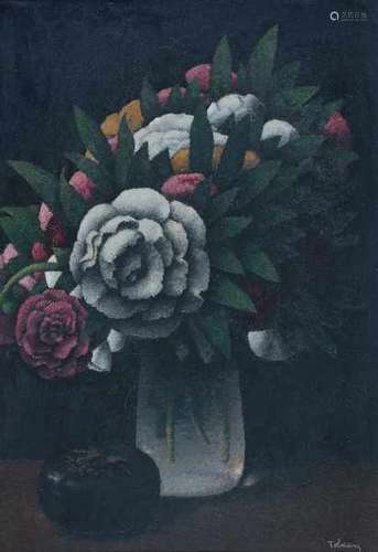 Félix Elie Tobeen (1880-1938)Still life with bouquet and lacquer box. Signed lower right.