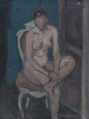 Johan Buning (1893-1963)Seated nude. Signed lower right. Date 1959 on stretcher verso.canvas 39 x 29