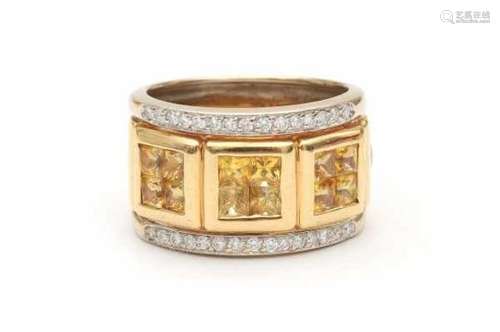 Two tone 18 carat gold ring set with twelve cut yellow sapphires and thirty small brilliant cut