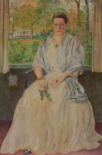 Artur Ressel (1896-1966)Portrait of a lady in front of De Tempel in Overschie. Signed with